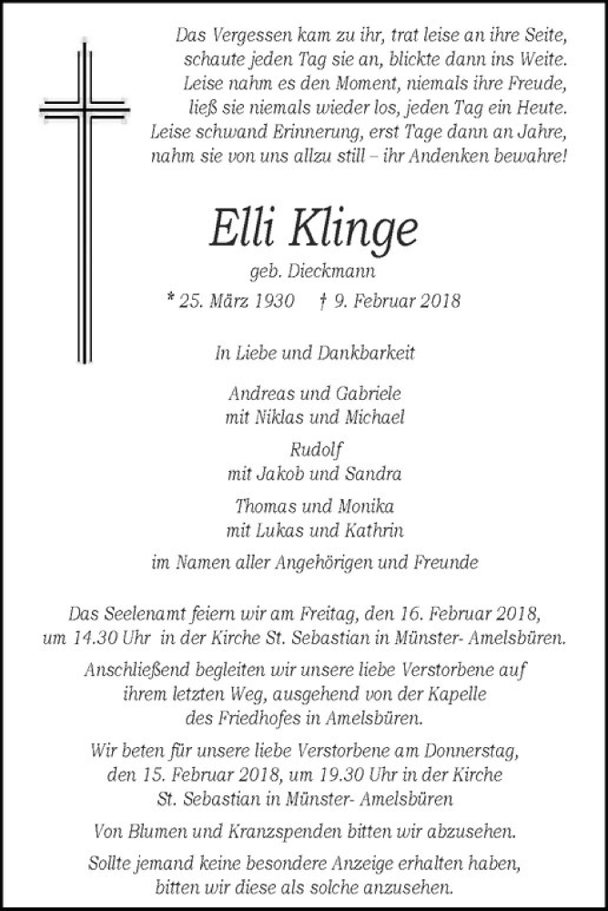  Traueranzeige für Elli Klinge vom 14.02.2018 aus Westfälische Nachrichten