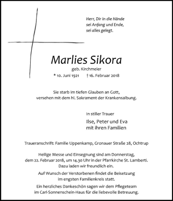 Anzeige von Malies Sikora von Westfälische Nachrichten