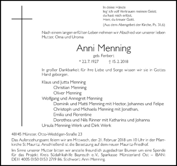 Anzeige von Anni Menning von Westfälische Nachrichten