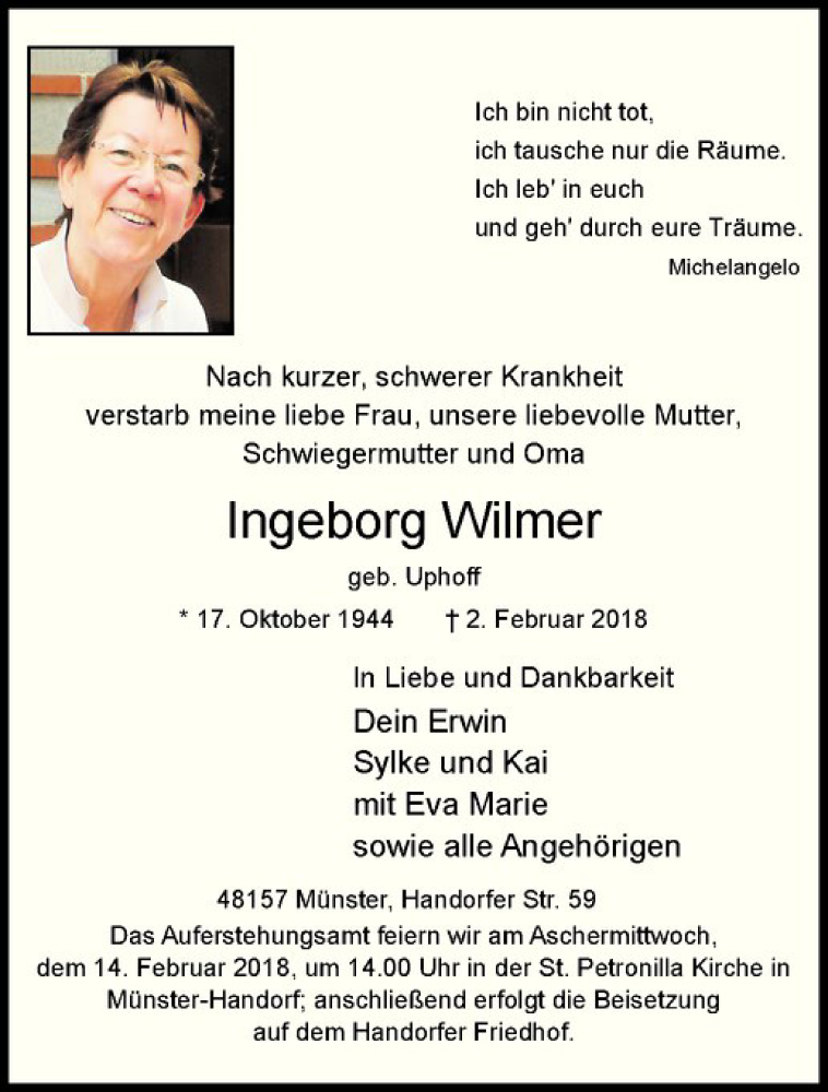  Traueranzeige für Ingeborg Wilmer vom 10.02.2018 aus Westfälische Nachrichten