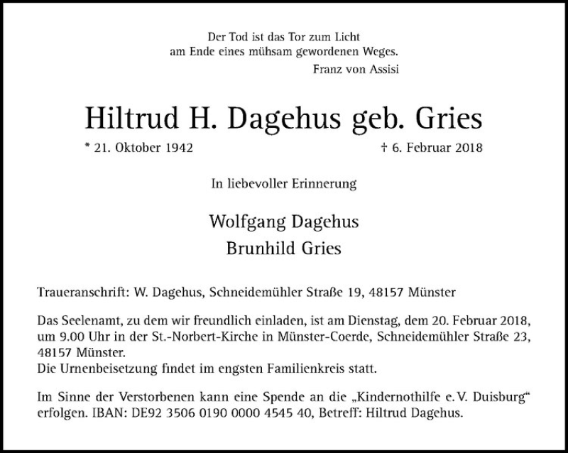  Traueranzeige für Hiltrud Dagehus vom 14.02.2018 aus Westfälische Nachrichten