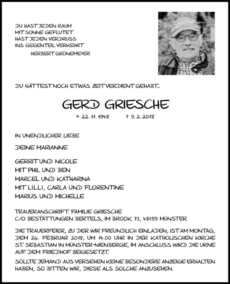  Traueranzeige für Gerd Griesche vom 21.02.2018 aus Westfälische Nachrichten