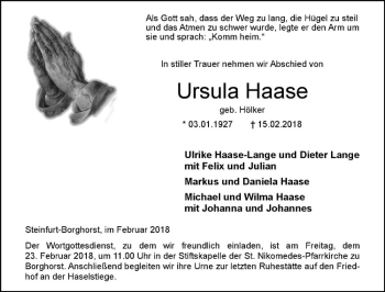 Anzeige von Ursula Haase von Westfälische Nachrichten
