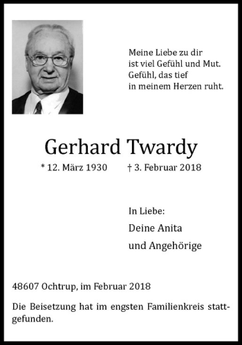 Anzeige von Gerhard Twardy von Westfälische Nachrichten