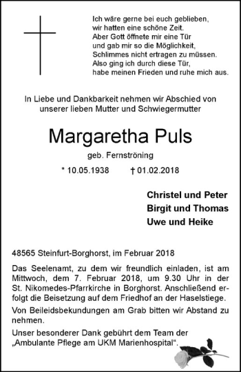 Anzeige von Margaretha Puls von Westfälische Nachrichten
