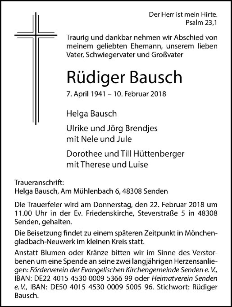  Traueranzeige für Rüdiger Bausch vom 17.02.2018 aus Westfälische Nachrichten