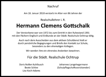 Anzeige von Hermann Clemens Gottschalk von Westfälische Nachrichten