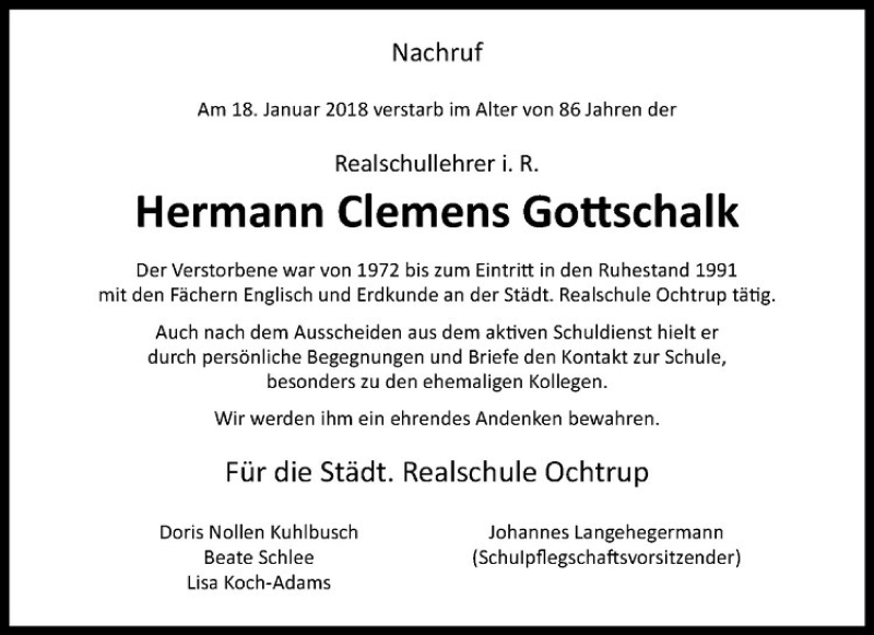  Traueranzeige für Hermann Clemens Gottschalk vom 23.02.2018 aus Westfälische Nachrichten