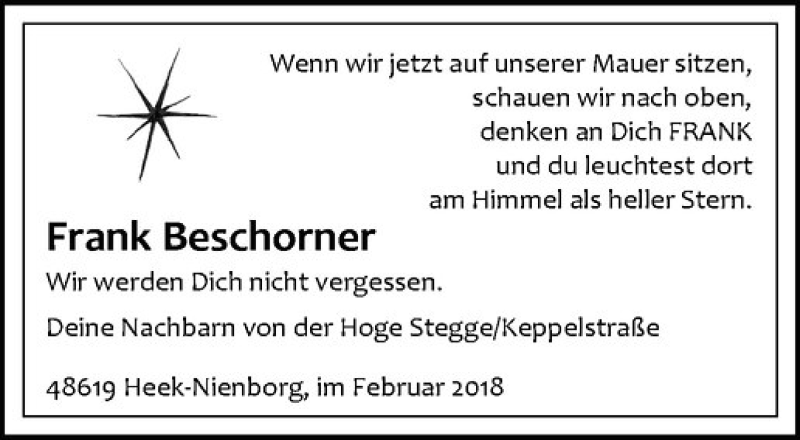  Traueranzeige für Frank Beschorner vom 23.02.2018 aus Westfälische Nachrichten