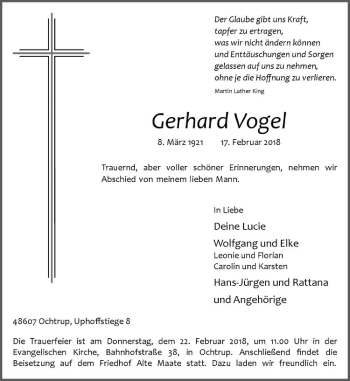 Anzeige von Gerhard Vogel von Westfälische Nachrichten