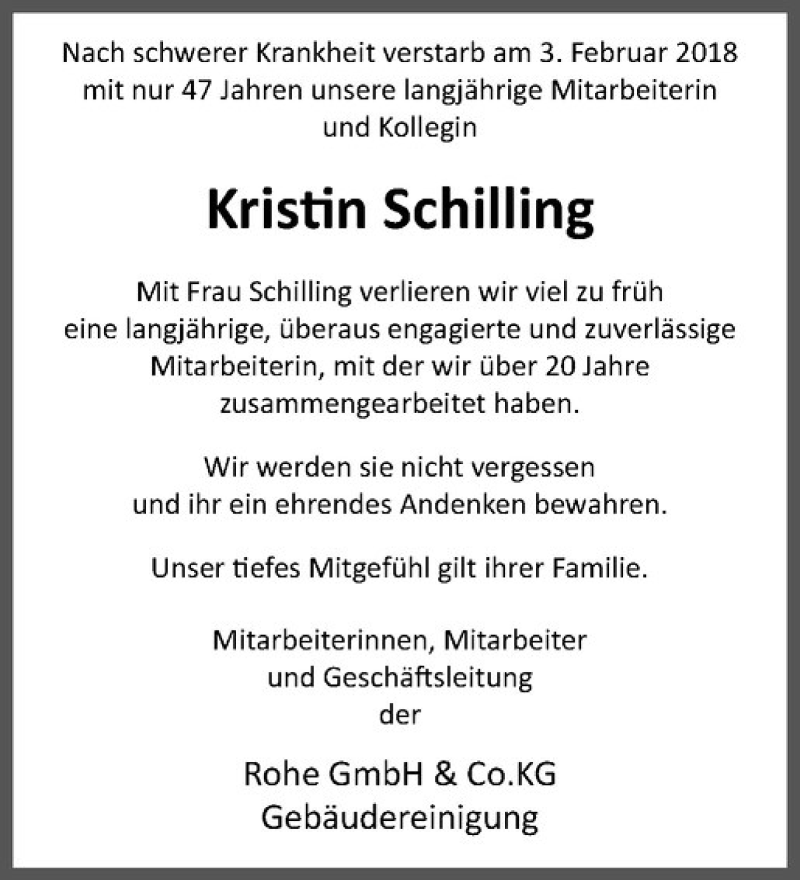  Traueranzeige für Kristin Schilling vom 10.02.2018 aus Westfälische Nachrichten