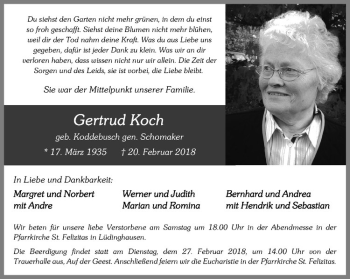 Anzeige von Gertrud Koch von Westfälische Nachrichten