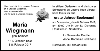 Anzeige von Maria Wiegmann von Westfälische Nachrichten