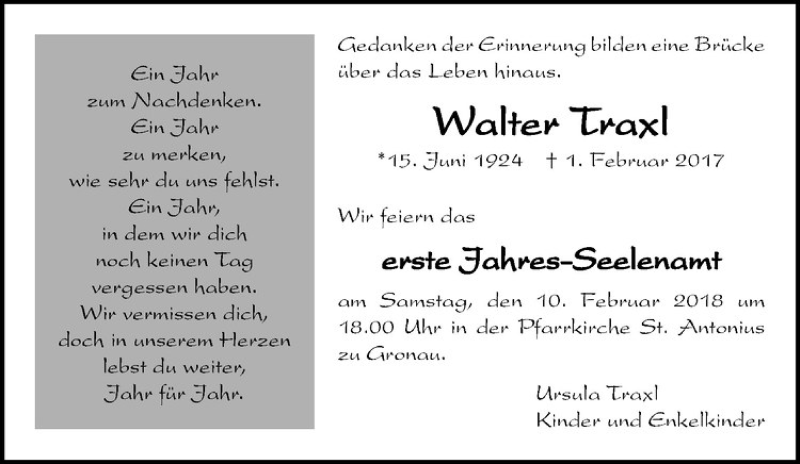  Traueranzeige für Walter Traxl vom 07.02.2018 aus Westfälische Nachrichten