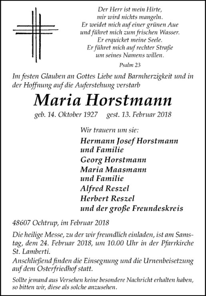  Traueranzeige für Maria Horstmann vom 19.02.2018 aus Westfälische Nachrichten