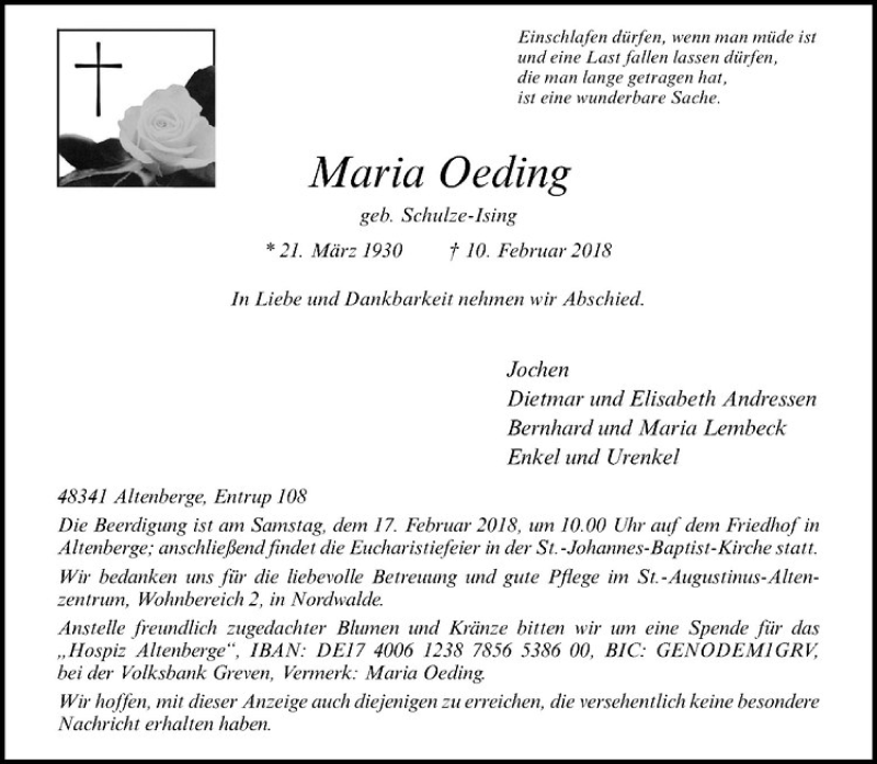  Traueranzeige für Maria Oeding vom 15.02.2018 aus Westfälische Nachrichten