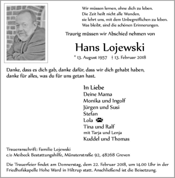 Anzeige von Hans Lojewski von Westfälische Nachrichten
