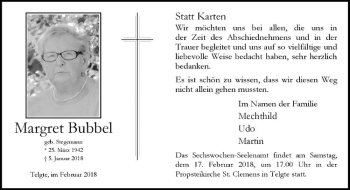 Anzeige von Margret Bubbel von Westfälische Nachrichten