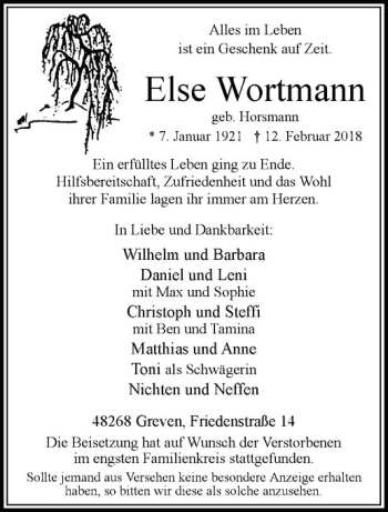 Anzeige von Else Wortmann von Westfälische Nachrichten