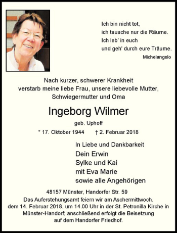 Anzeige von Ingeborg Wilmer von Westfälische Nachrichten