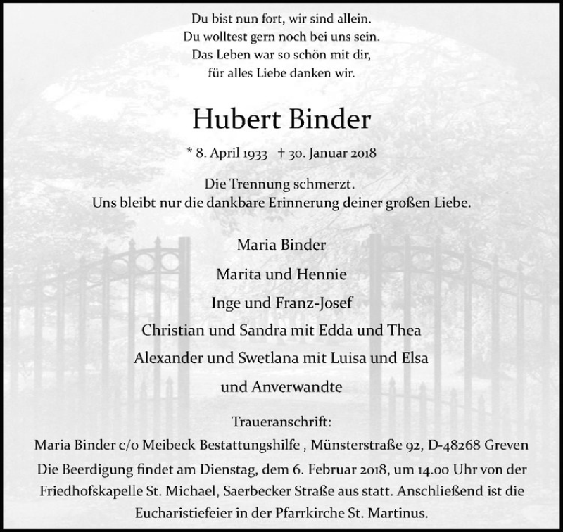  Traueranzeige für Hubert Binder vom 03.02.2018 aus Westfälische Nachrichten