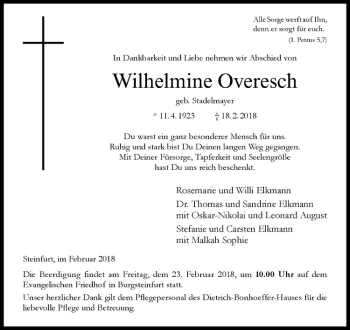 Anzeige von Wilhelmine Overesch von Westfälische Nachrichten