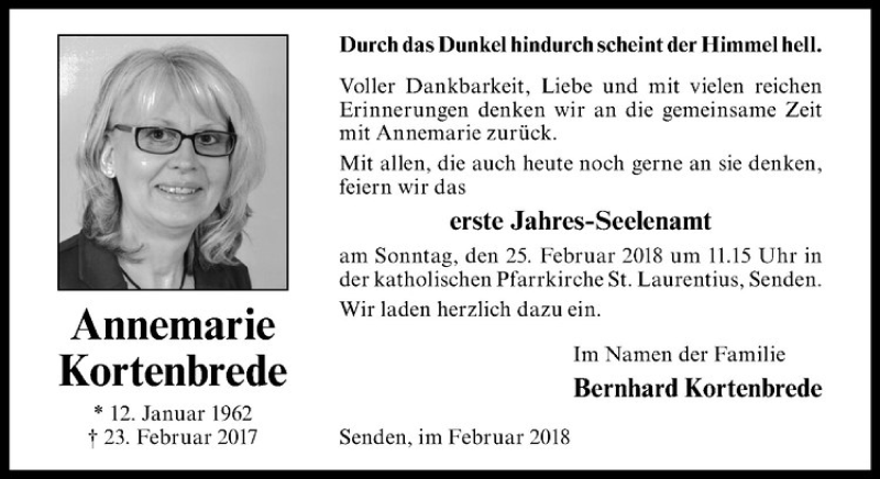  Traueranzeige für Annemarie Kortenbrede vom 17.02.2018 aus Westfälische Nachrichten