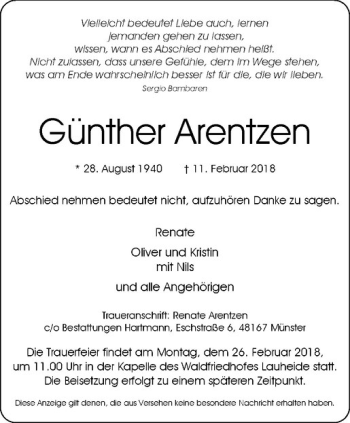 Anzeige von Günther Arentzen von Westfälische Nachrichten