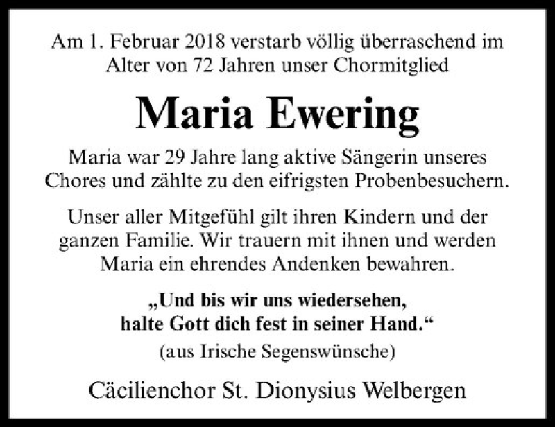  Traueranzeige für Maria Ewering vom 07.02.2018 aus Westfälische Nachrichten
