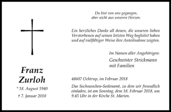 Anzeige von Franz Zurloh von Westfälische Nachrichten