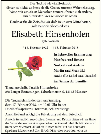 Anzeige von Elisabeth Hinsenhofen von Westfälische Nachrichten