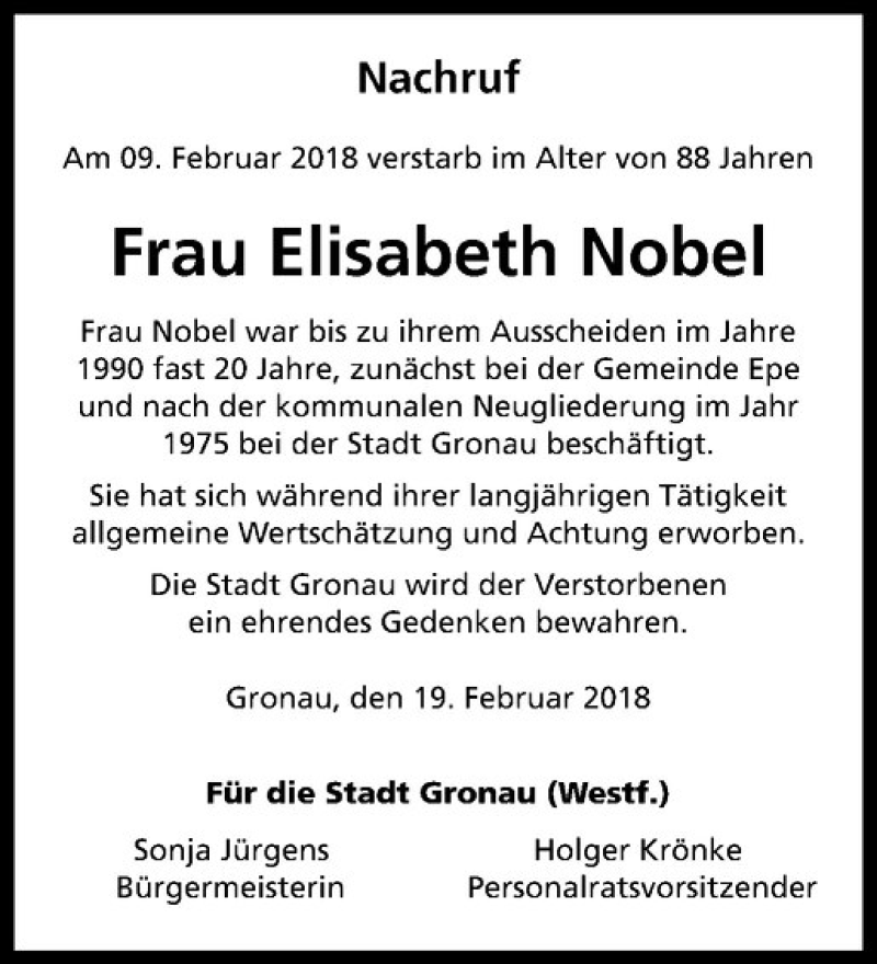  Traueranzeige für Elisabeth Nobel vom 22.02.2018 aus Westfälische Nachrichten