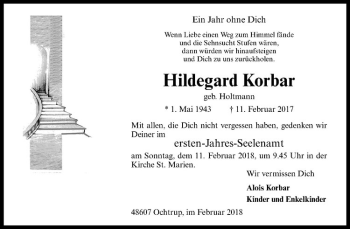 Anzeige von Hildegard Korbar von Westfälische Nachrichten