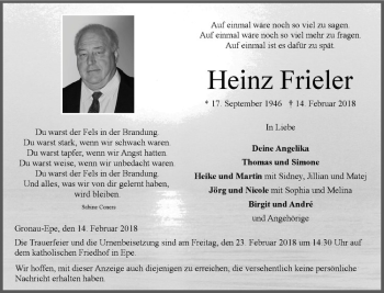 Anzeige von Heinz Frieler von Westfälische Nachrichten
