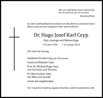 Anzeige von Hugo Josef Karl Ceyp von Westfälische Nachrichten