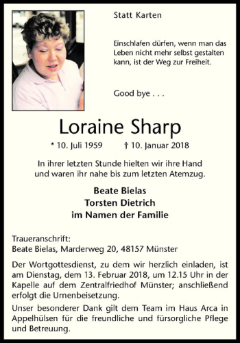 Anzeige von Loraine Sharp von Westfälische Nachrichten