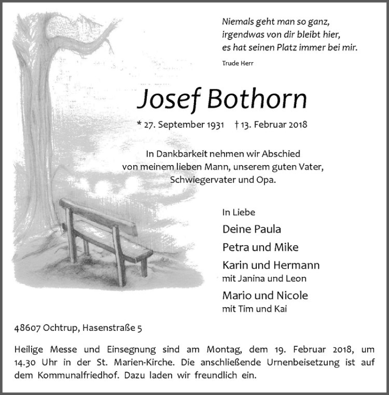  Traueranzeige für Josef Bothorn vom 15.02.2018 aus Westfälische Nachrichten