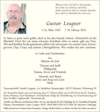 Anzeige von Gustav Leugner von Westfälische Nachrichten