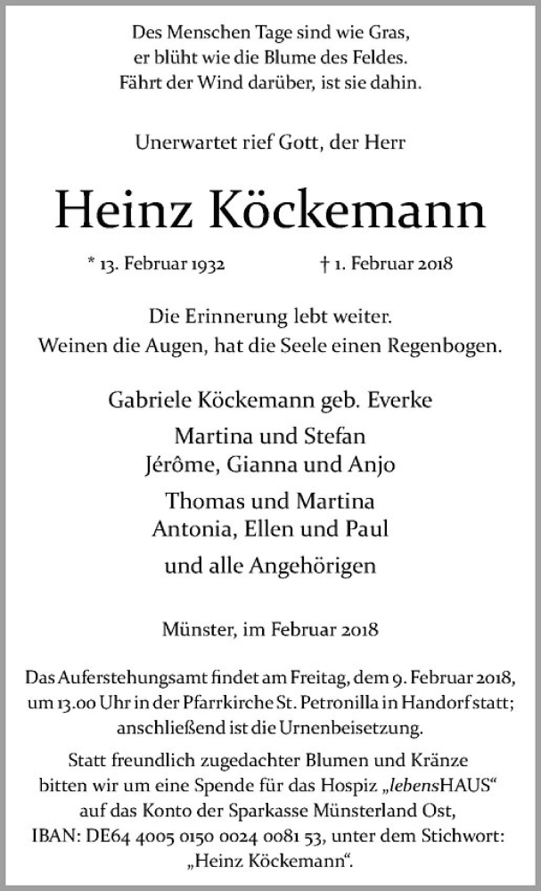 Traueranzeige für Heinz Köckemann vom 07.02.2018 aus Westfälische Nachrichten