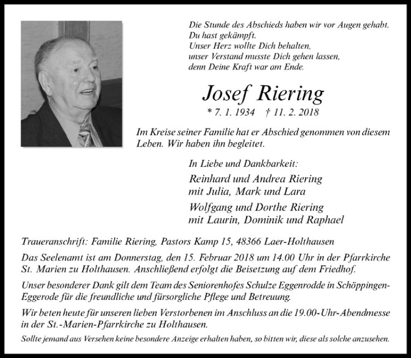  Traueranzeige für Josef Riering vom 14.02.2018 aus Westfälische Nachrichten