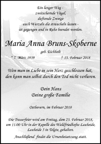 Anzeige von Maria Anna Bruns-Skoberne von Westfälische Nachrichten