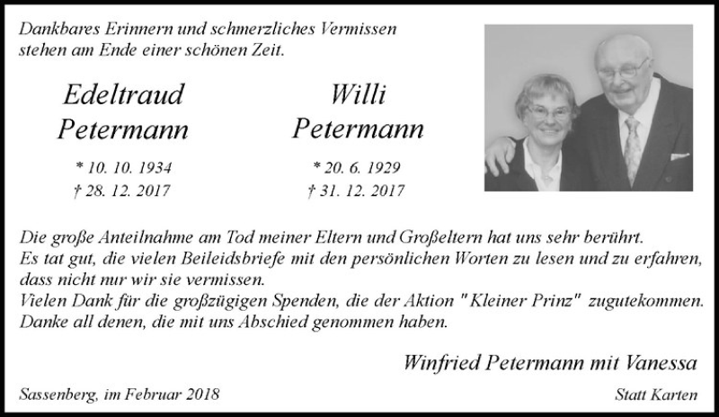  Traueranzeige für Willi Petermann vom 03.02.2018 aus Westfälische Nachrichten