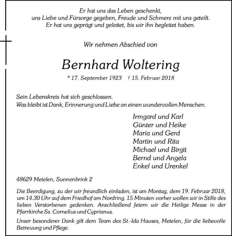  Traueranzeige für Bernhard Woltering vom 17.02.2018 aus Westfälische Nachrichten