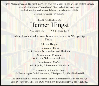 Anzeige von Henner Hingst von Westfälische Nachrichten