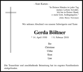Anzeige von Gerda Böltner von Westfälische Nachrichten