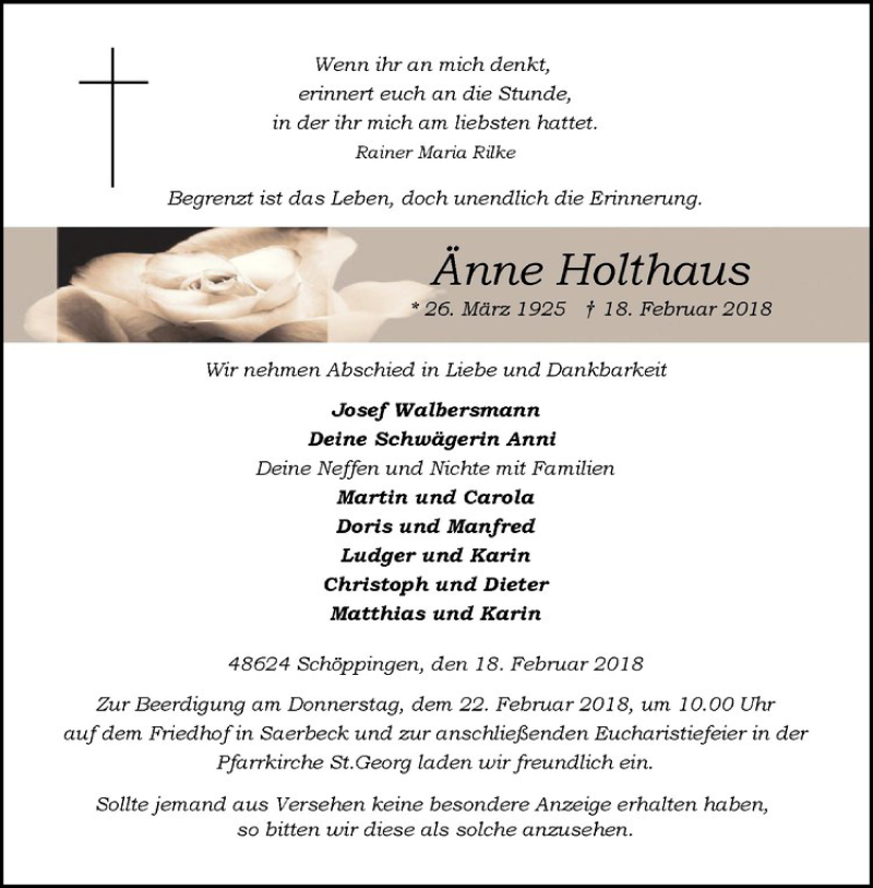  Traueranzeige für Änne Holthaus vom 20.02.2018 aus Westfälische Nachrichten