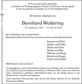 Anzeige von Bernhard Woltering von Westfälische Nachrichten