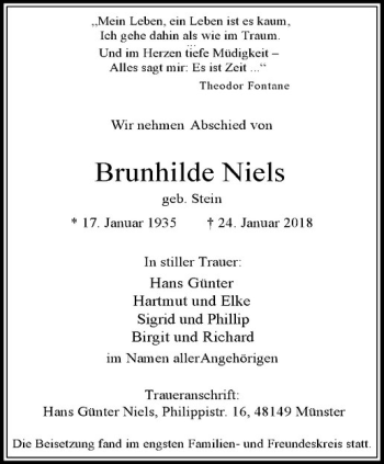 Anzeige von Brunhilde Niels von Westfälische Nachrichten
