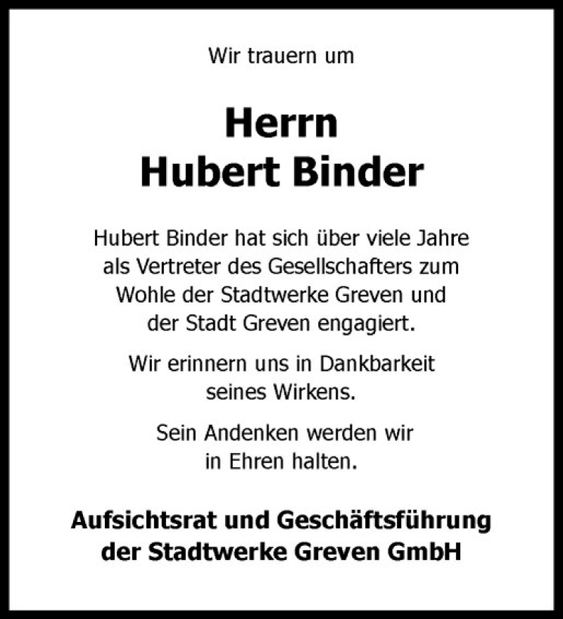  Traueranzeige für Hubert Binder vom 03.02.2018 aus Westfälische Nachrichten