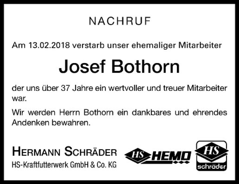 Traueranzeige für Josef Bothorn vom 19.02.2018 aus Westfälische Nachrichten